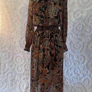 Dex Smocked Detailed Midi Elegant Multicolor Patterned Dress adjustable neck